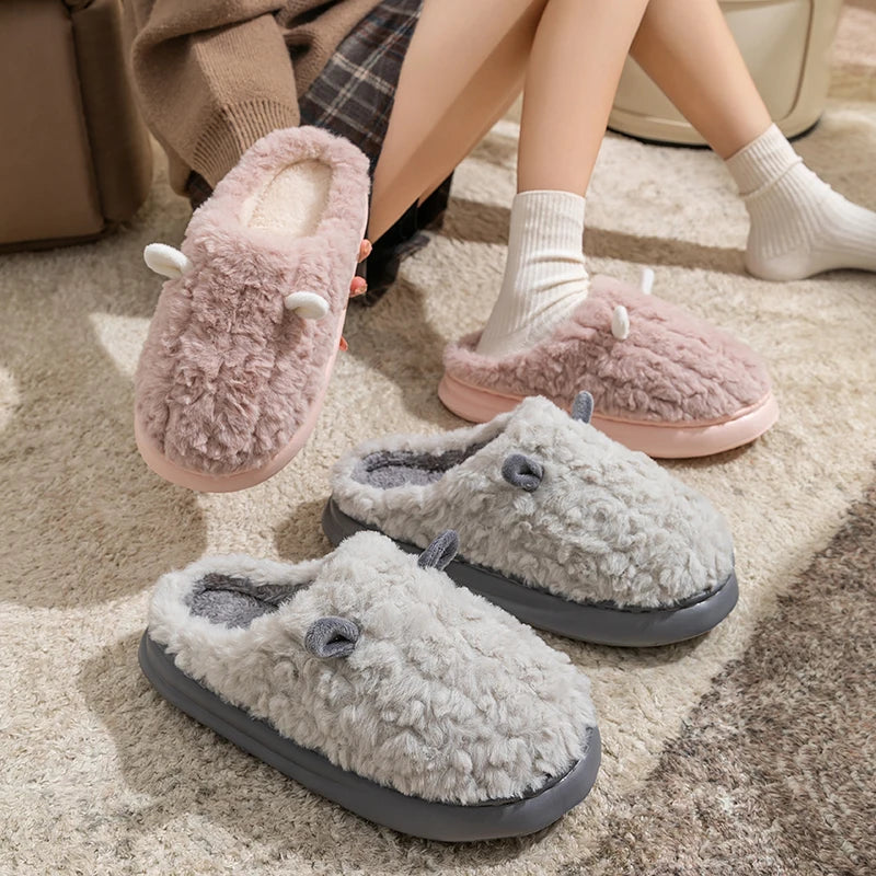 Winter Home Slippers Men Shoes Cute Cartoon Flat Platform Women Warm