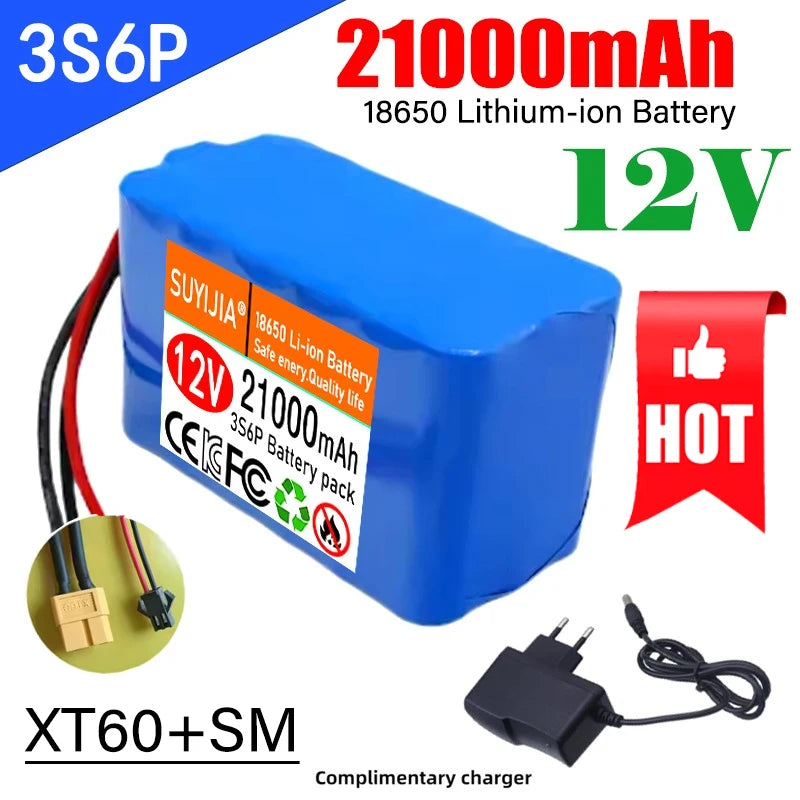 3S6P 12V 21000mAh Rechargeable 18650 Lithium Battery Pack DC 12.6V Charger with BMS for scooter CCTV Audio Amplifier Cam Monitor Zpaxo XT60-SM