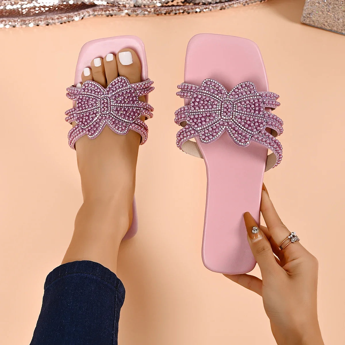 Women Slippers Fashion All-match Rhinestones Sandals Summer Flat Heel Zpaxo