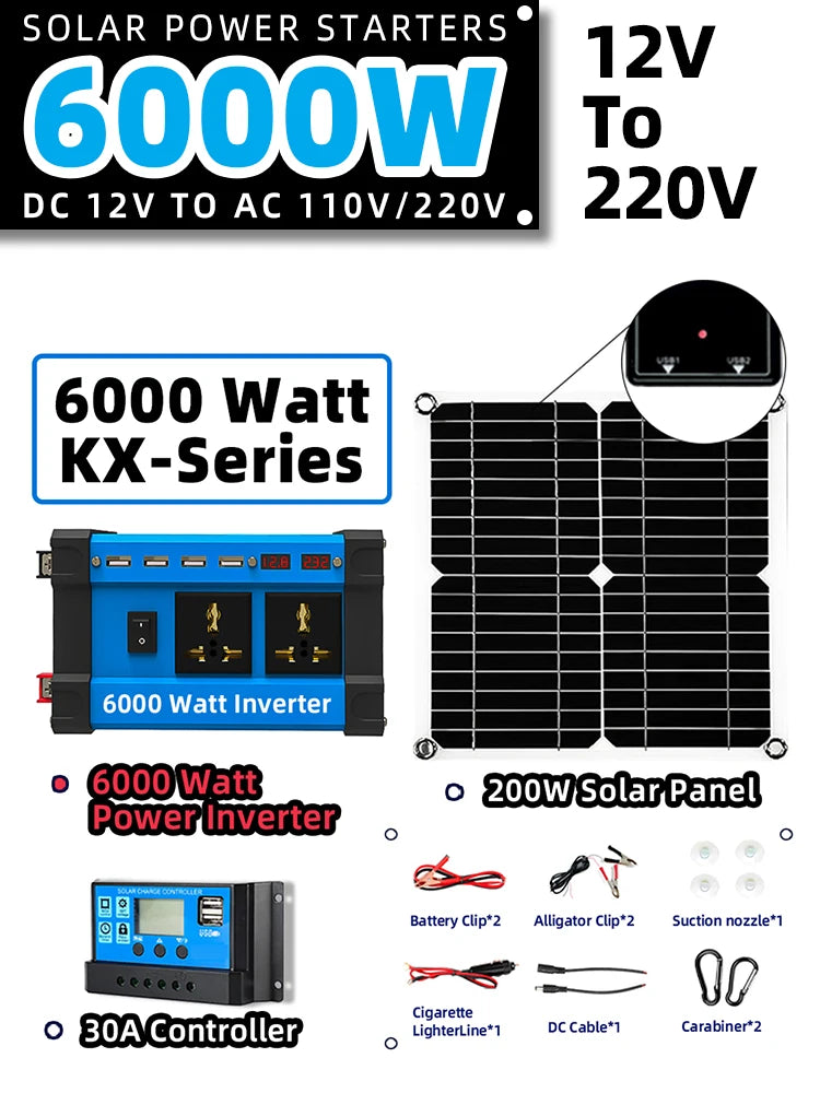 6000W Inverter 30A Controller 5V Solar Panel Smart Phone Car Charge