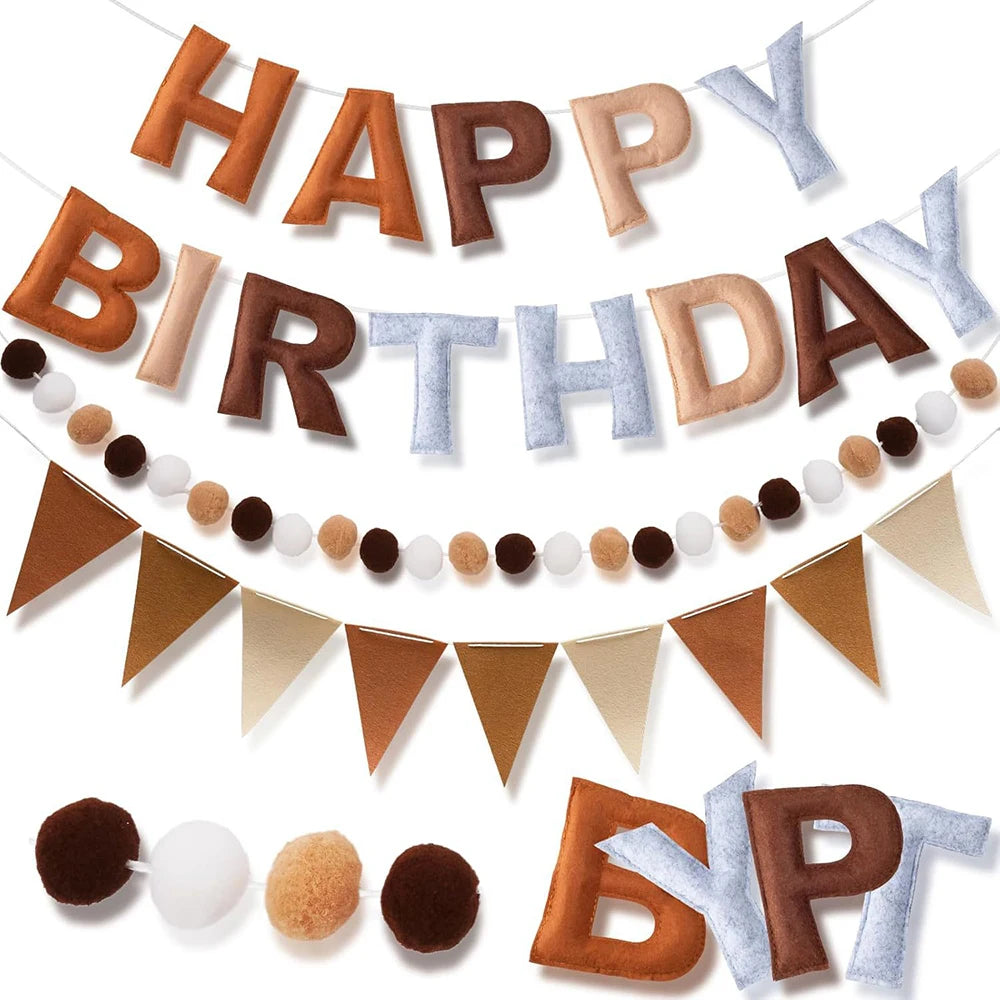 Felt Colorful Happy Birthday Banner Party Rainbow Fabric Garland Pom Zpaxo Brown