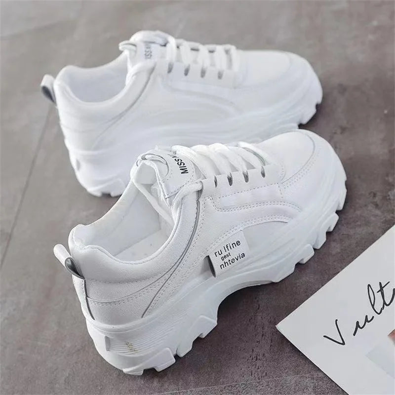 CINESSD Fashion White Women Chunky Sneakers Shoes Lace Up Platform Zpaxo