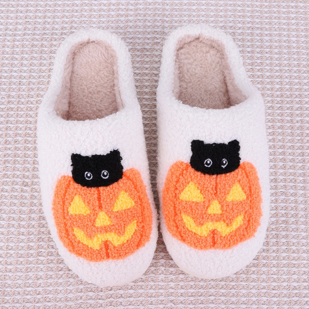 Halloween Plush Slippers Anti Slip Comfortable Furry Slippers Pumpkin Cat Pattern Fluffy Home Warm House Shoe for Winter Autumn Zpaxo