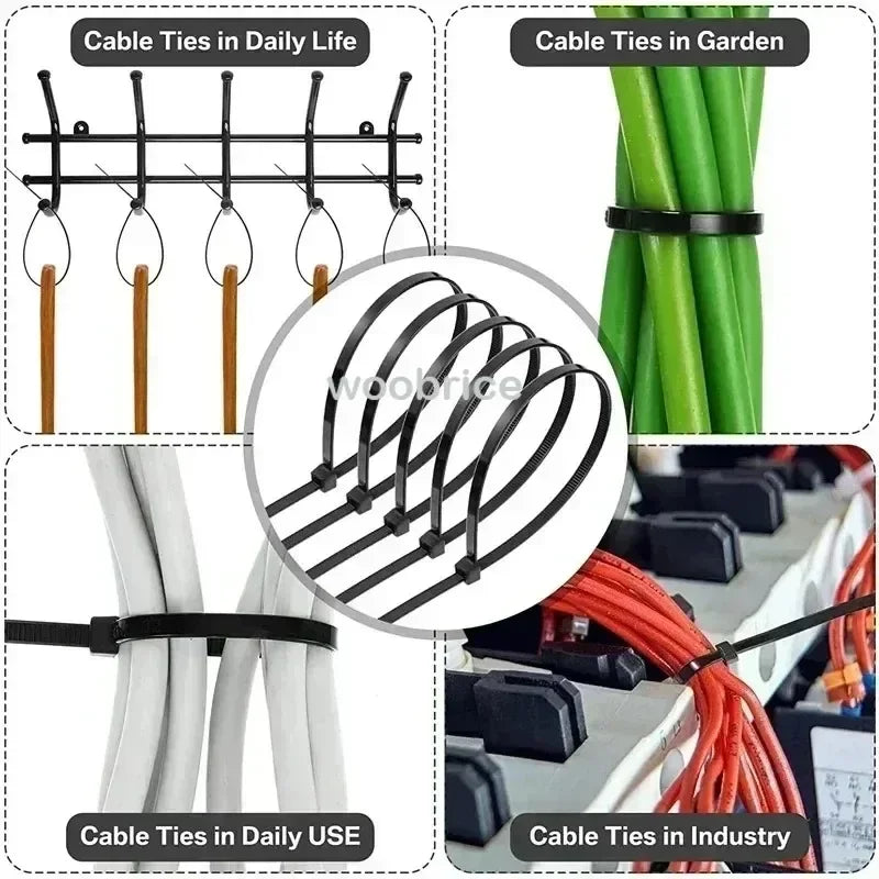 100-500pcs Black Cable Ties High Tensile Strength Self-locking Plastic Nylon Tie Uv Resistant for Home & Office Cord Management Zpaxo