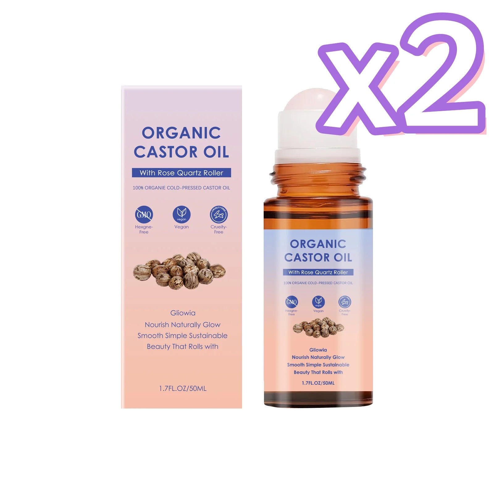 Organic Castor Oil Rose Quartz Roller Ball – 50ml Castor Oil Roller Zpaxo 50ml Boxed x 2pcs