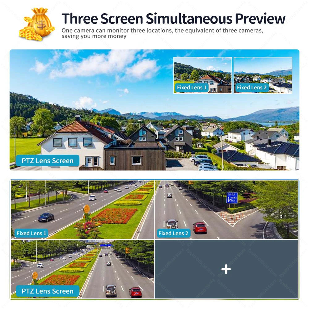 6K 12MP WiFi Camera Outdoor 10X Zoom Three Lens Three Screens PTZ Security Cam Auto Tracking CCTV Video Surveillance IP Cameras Zpaxo