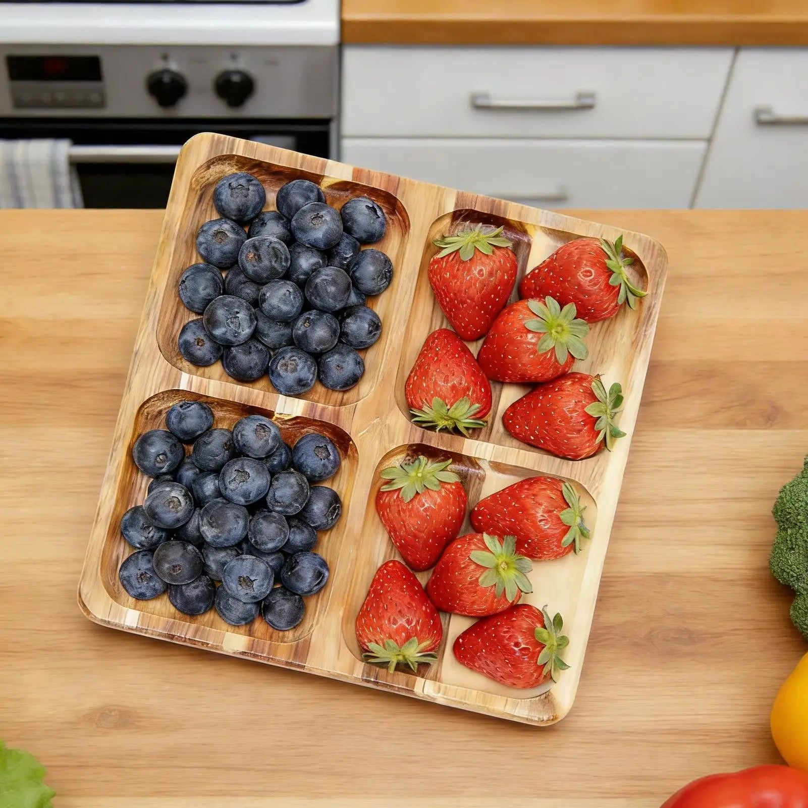 Divided Serving Tray Wooden Square Food Dish Veggie Platter Appetizer