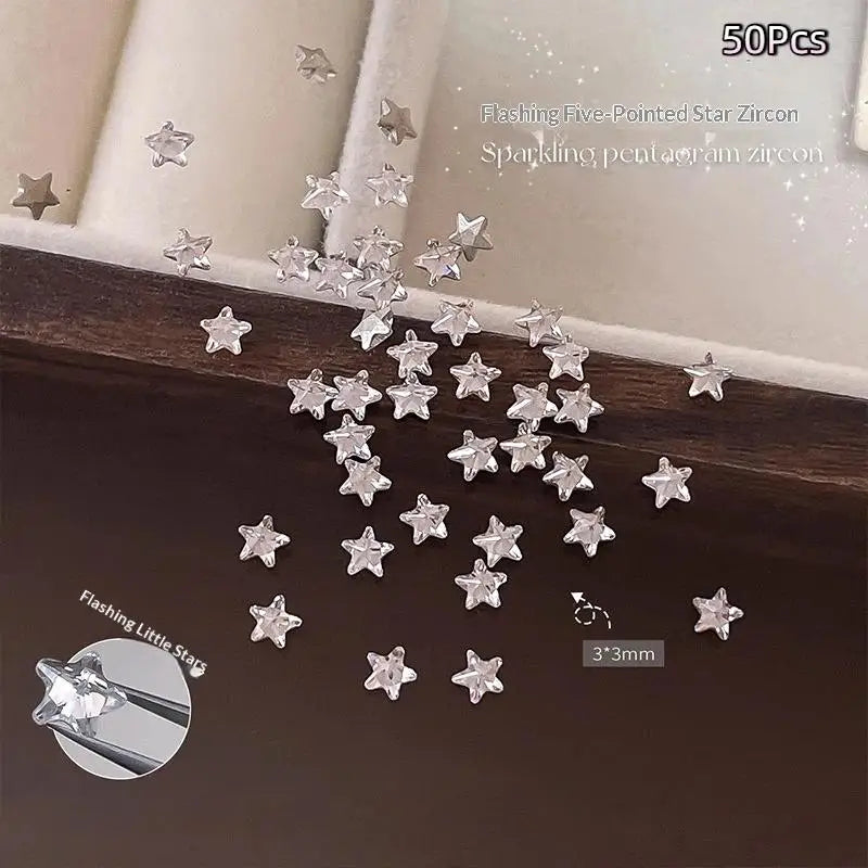 ▶50Pcs Star Zircon Nail Rhinestone Nail Art Charm Sparkle 3D Nail Rivet Flat Bottom Nail Decoration Parts DIY Manicure Zpaxo White