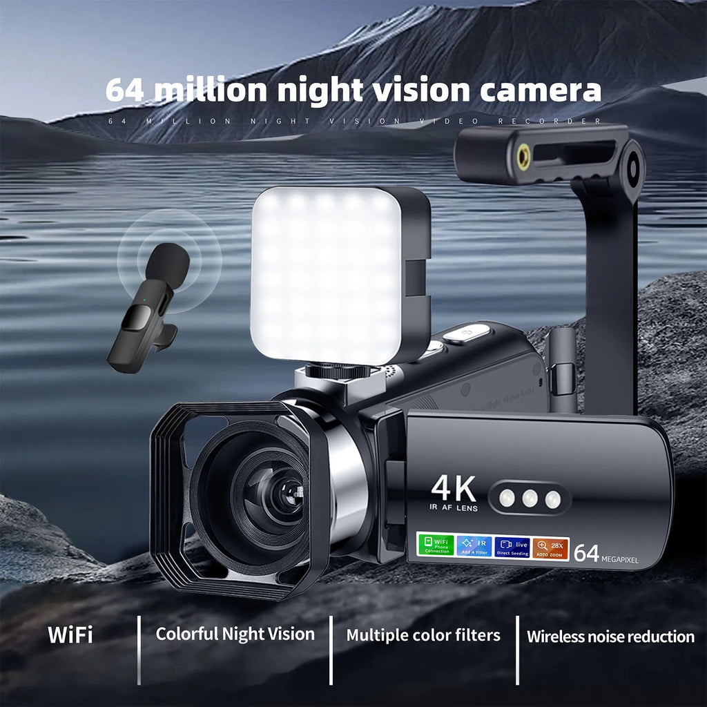 Digital Video Camera 28X Zoom Screen Auto Focus 4K 64MP HD LED White