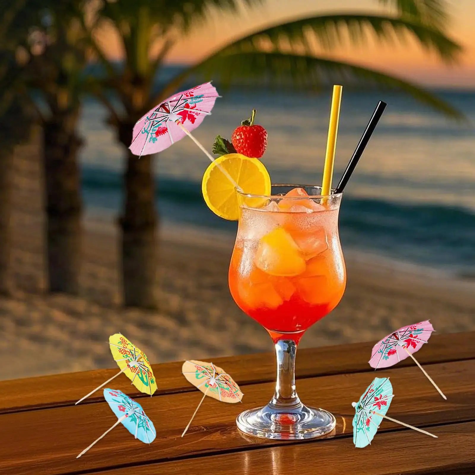 50 Mini Paper Drink Umbrellas Tropical Colors Cocktail Fruit