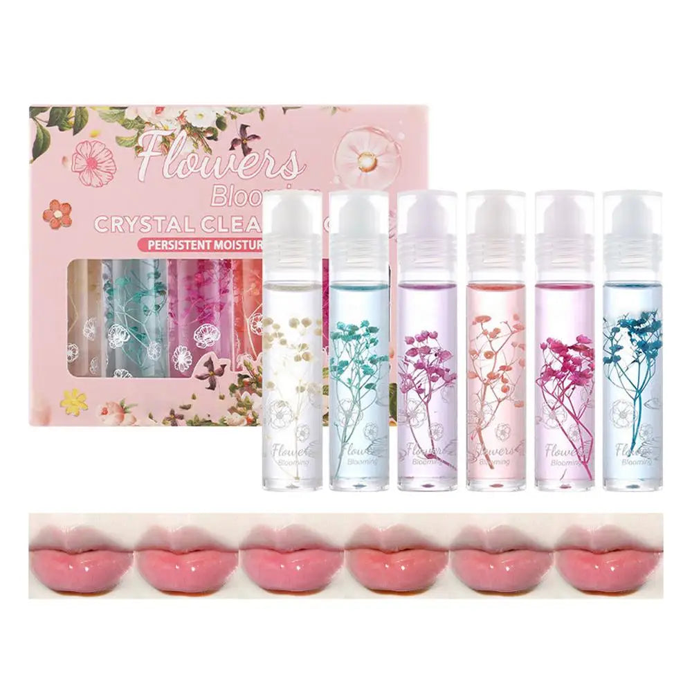 Flower Roll-On Lip Oil Gloss Set – Hydrating & Clear, 6 Pcs Lip Oil Gloss Set Zpaxo 6pcs United States