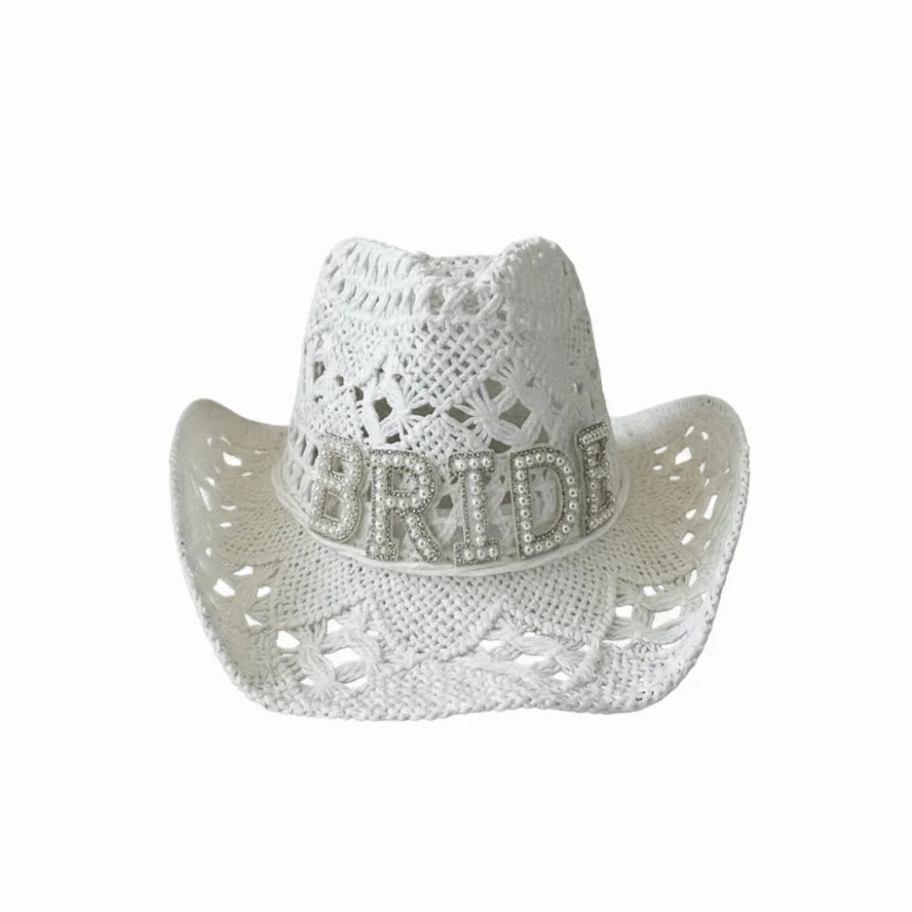 Fashion Rhinestone Letters Bride Wifey Cowboy Hat Crochet Breathable Cowgirl Hat Hollow Sun Hat For Wedding Bridal Party Zpaxo