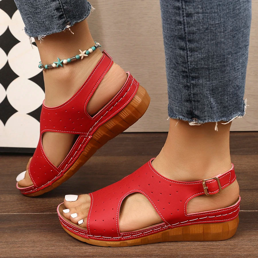 Women Sandals Platform Sandals Hollow Out Buckle Roman Style Shoes Women Lightweight Slip-On Shoes Ladies Zapatos De Mujer Zpaxo Red 38