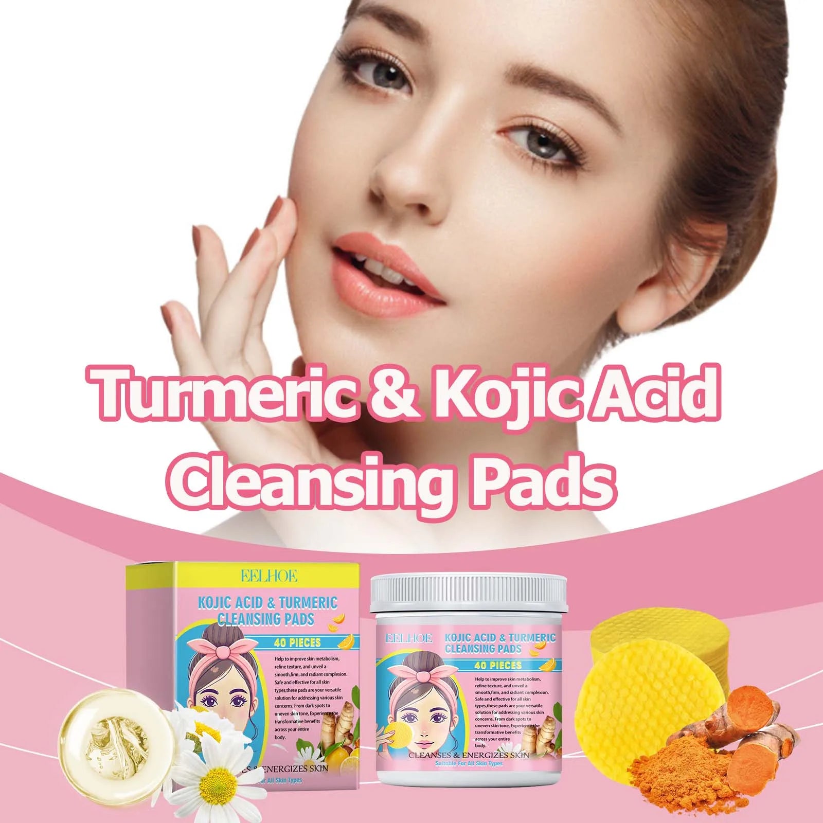 40pcs Turmeric Kojic Acid Facial Cleansing Pads Exfoliating Cleaning Remover Pores Dirt Moisturizing Daily Face Clean Skin Care Zpaxo