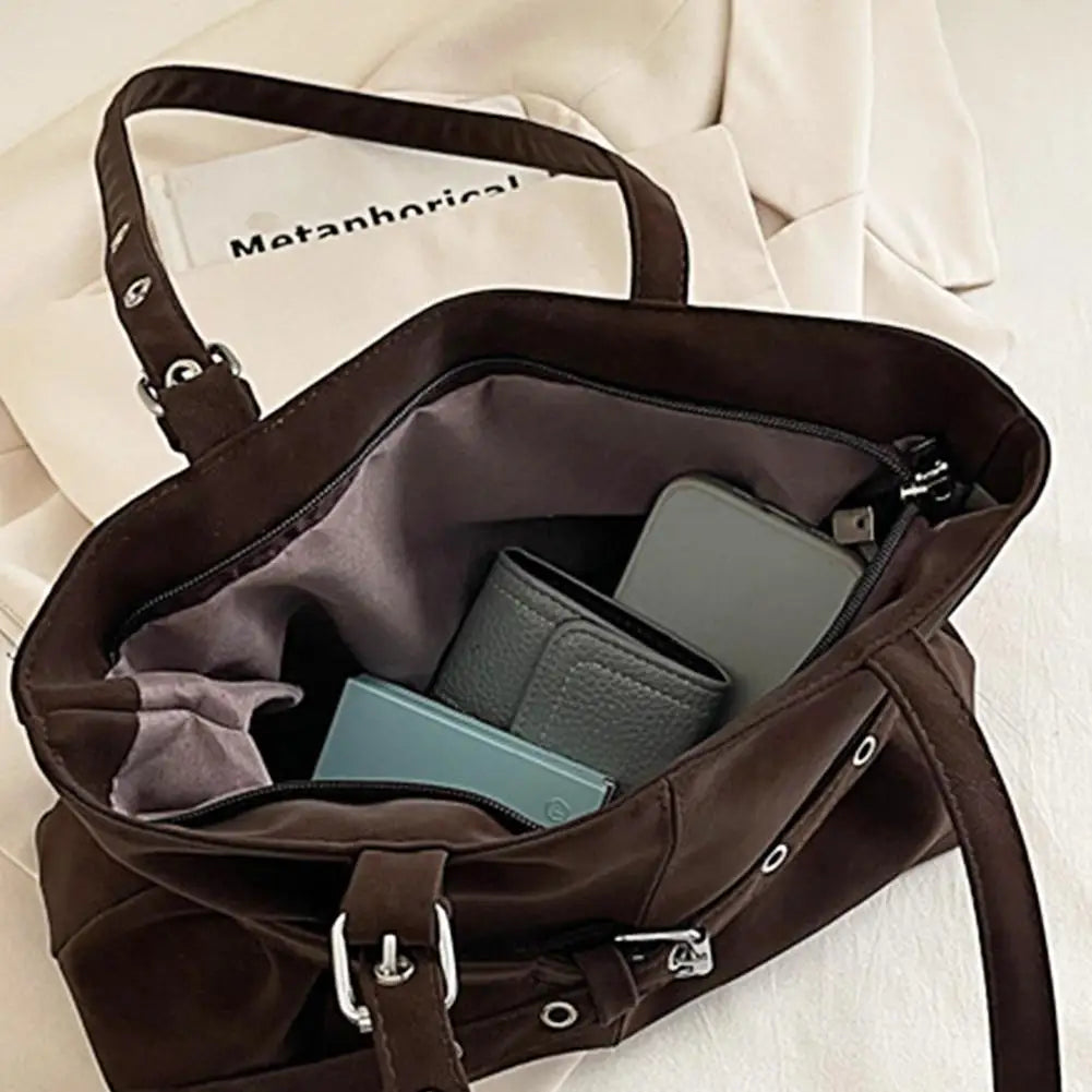 Vintage Suede Tote Bag with Belt Buckle | Women's Shoulder Bag Suede Tote Bag Zpaxo