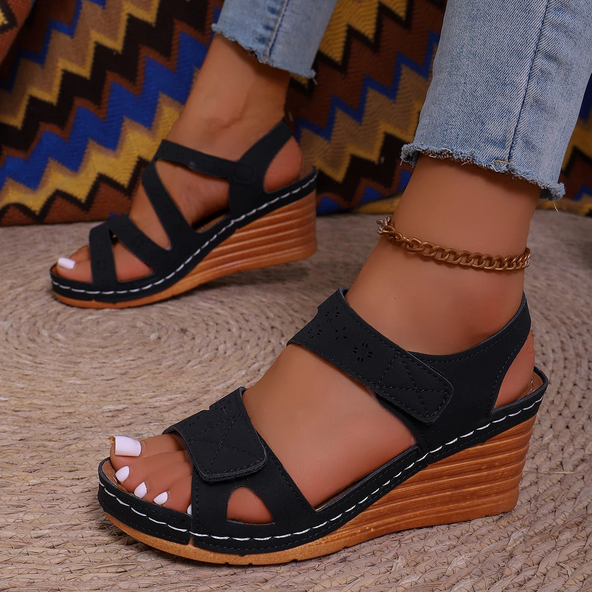 Plus Size Fashion Women Wedge Sandals Comfortable Non Slip Beach Shoes for Woman Summer 2025 Casual Platform Walking Sandals Zpaxo black 36