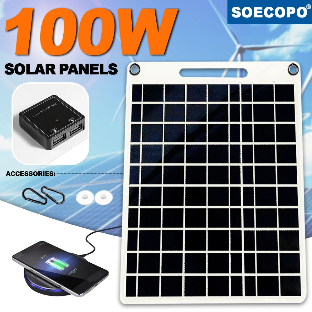100W Solar Charger Dual USB Ports Waterproof Portable Panel Outdoor
