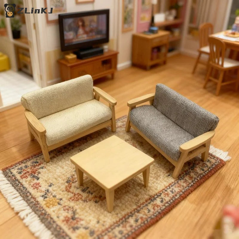 ▶1Pcs Simulation Miniature Living Room Chair 1:12 Mini Dollhouse Furniture Wooden Double Sofa Kids Pretend Play Doll House Decor Zpaxo