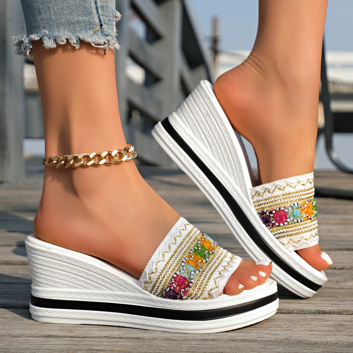 2025 Women Sandals Summer Patchwork Wedges Slippers Bohemian Open Toe Beach Women Shoes Non-Slip Plus Size Wedge Shoes for Woman Zpaxo WHITE 36