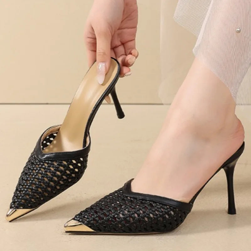 Women's Hollow Pointed Toe Sandals Elegant Metal Heels Shoes Women Zpaxo black 43