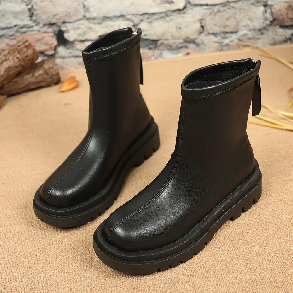 Womens Boots Spring Autumn Round Head Thick Sole Elastic Boot Pine