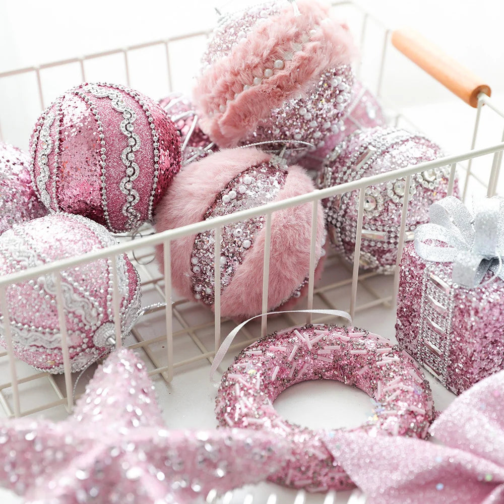 Pink Christmas Tree Ornaments – Foam Ball, Bow & Star Hangings