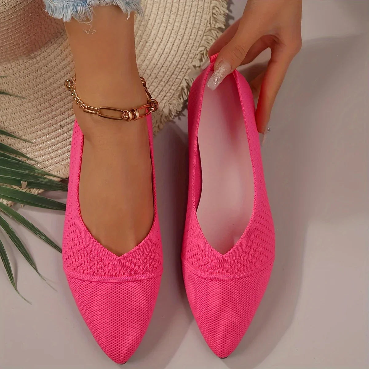 Women Flat Shoes Solid Color Knitted Slip on Loafers Women Pointed Toe Ladies Shoes Casual Breathable Ballet Women Flat Shoes Zpaxo Rose Red 43