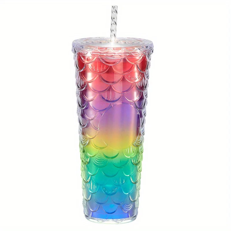 Large Capacity Colorful Laser Double-layer Straw Cup, Fish Scale Plastic Water Cup, Durian Cup Zpaxo Rainbow color
