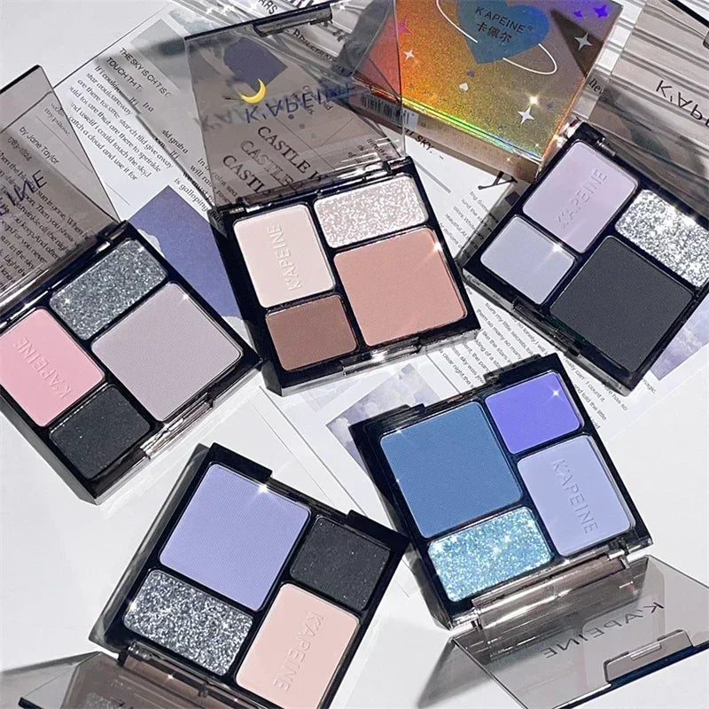 4-Color Glitter Blue Eyeshadow Palette Matte Pearl Shimmer Korean Acrylic Smoky Eye Shadow Palette Long Lasting Makeup Cosmetics Zpaxo
