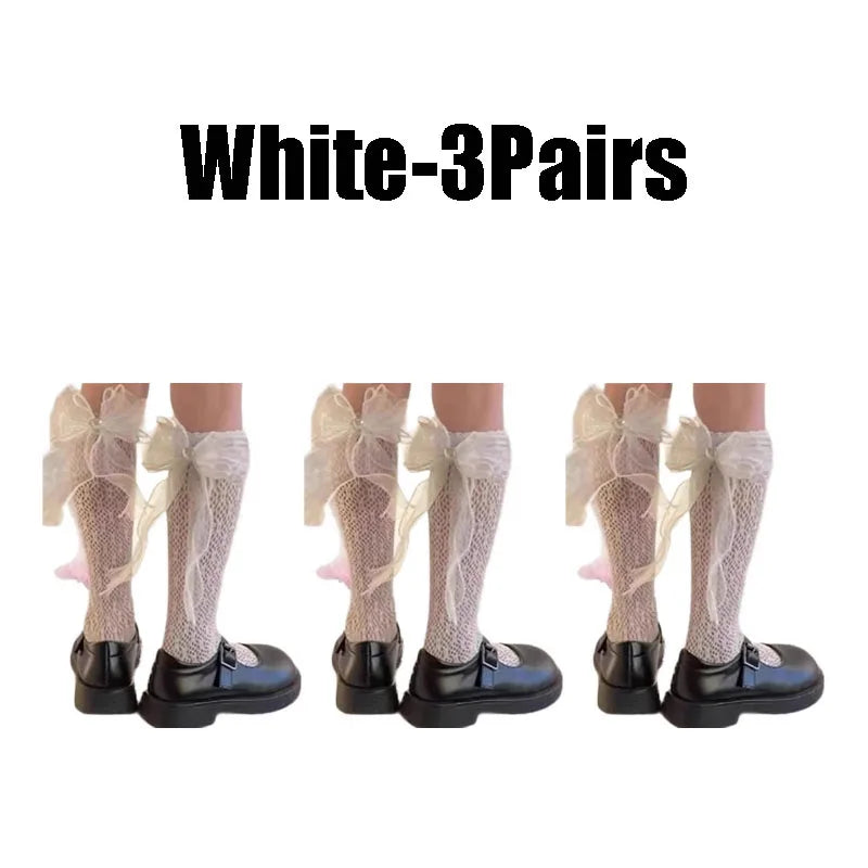 Breathable Lace Bow Over-the-knee Socks Women Sheer Mesh Elastic