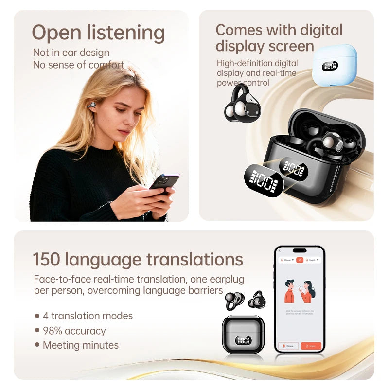 AI Translator Earbuds Clip-on Open Ear Headphones Wireless Bluetooth