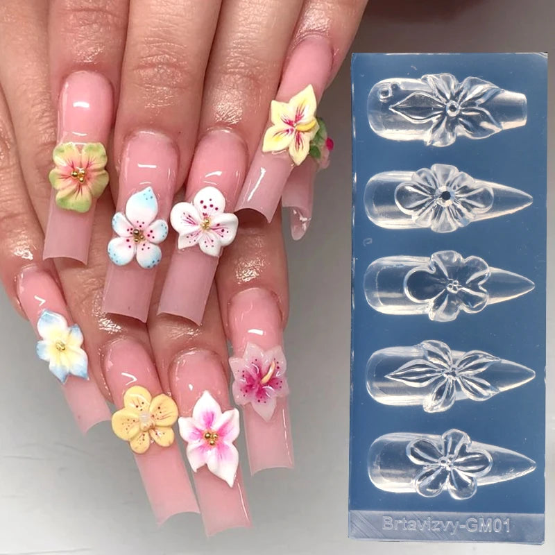 3D Flower Silicone Nail Mold Lily Hibiscus Petals Carving Template