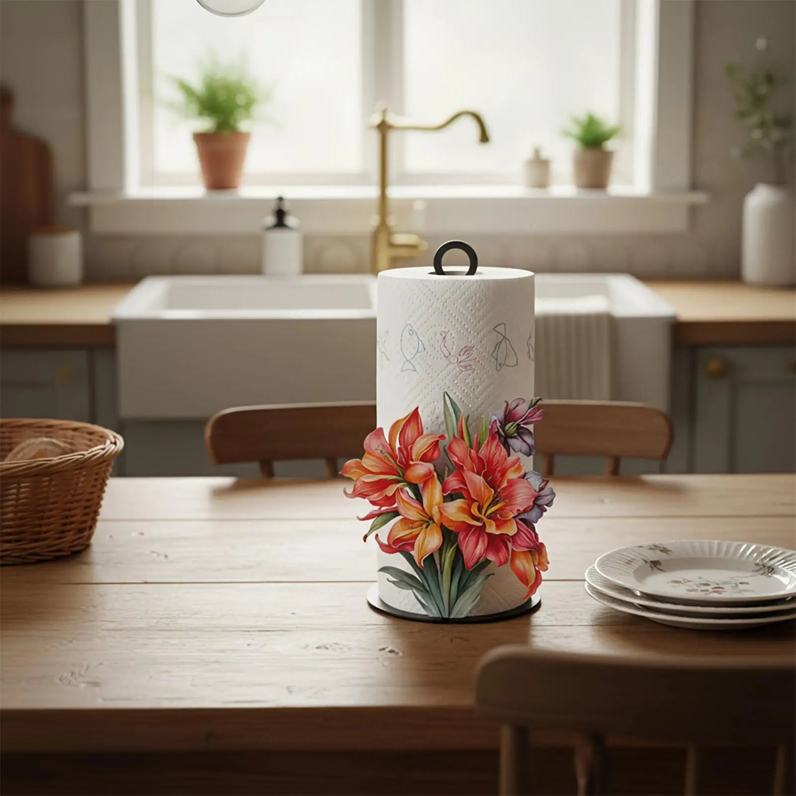 Paper Towel Holder Tissue Roll Storage Rack Counter 2D Flower Pattern