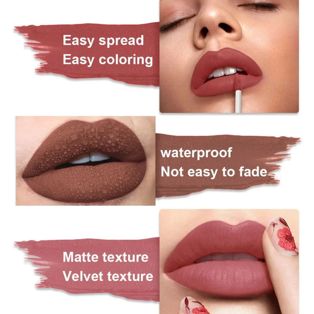 Dark Red Matte Velvet Lip Gloss Nude Brown Lip Glaze Lasting Moisturizing Non-stick Cup Fading Waterproof Liquid Lipstick Makeup Zpaxo