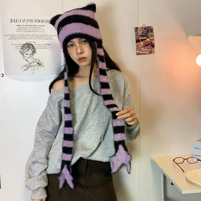 Y2k Subculture Girl Sweet Cool Hat Star Striped Plush Knitted Zpaxo