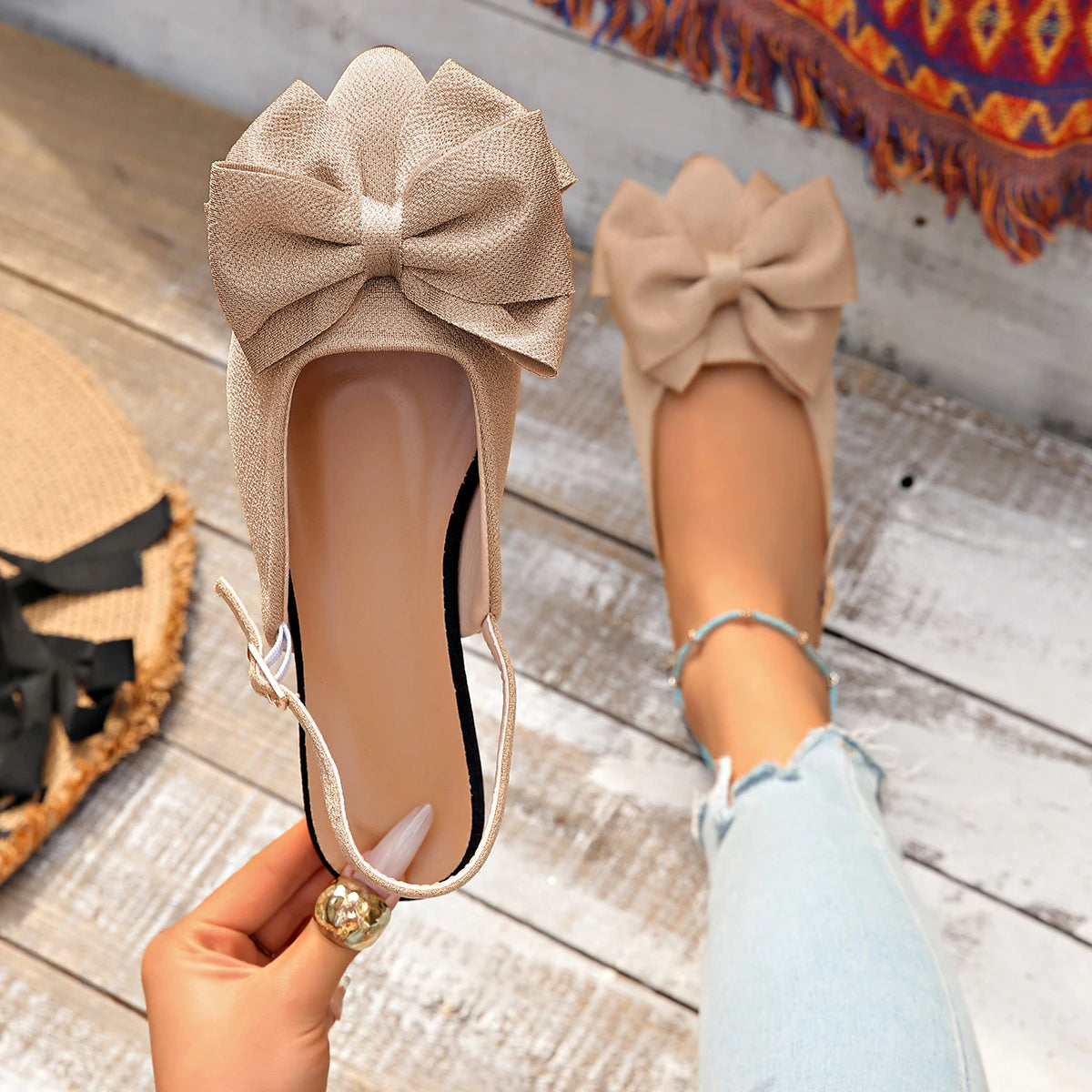 2026 Women Sandals Elegant Bowknot Slingback Flats Pointed Toe Zpaxo Khaki 38