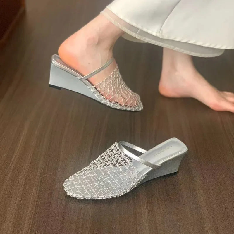 Fishing Net Woven Hollow Sandals Women Summer Skirt Block Heel Square Zpaxo