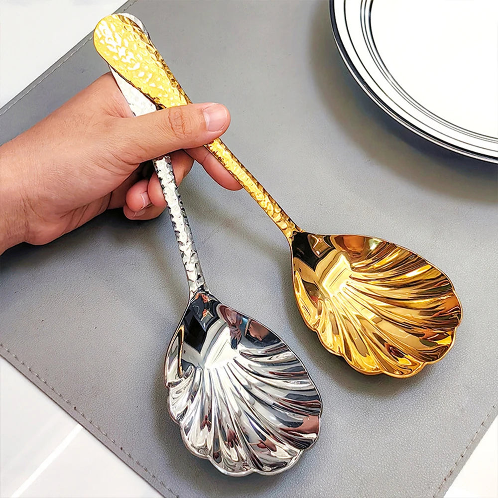 Stainless Steel Serving Spoon Elegant Shell Mixing Large Spoon Utensil Gold Silver for Home Party Restaurant Dining and Serving Zpaxo