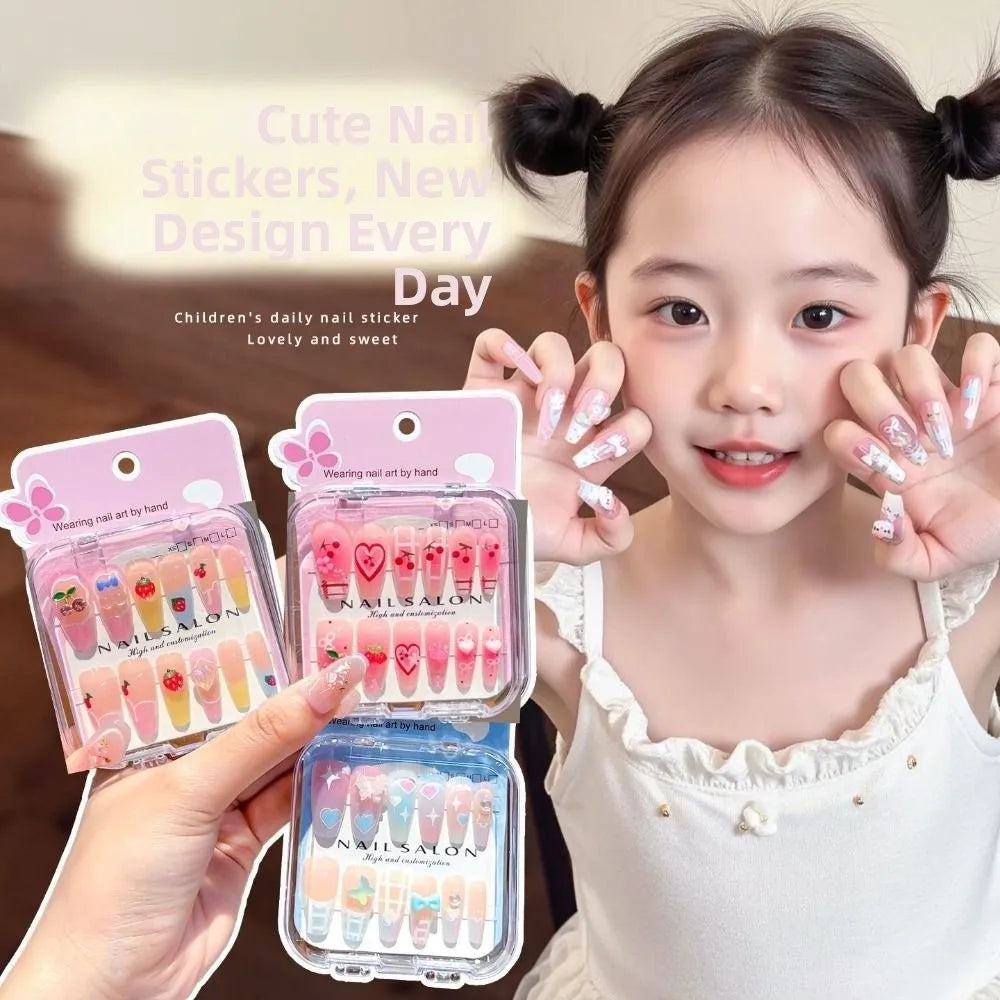 Hot Cartoon Children Wearing Nails Cherry Love Heart Cute Press on Nail Detachable Long Nail Sticker for Girls Students Zpaxo