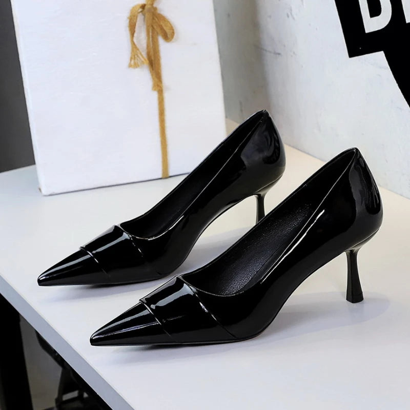 Nude Patent Leather Pointed Toe Kitten Heel Pumps Overlay Strap Zpaxo 9577-2 Black 38(insole 23.6cm) China Mainland