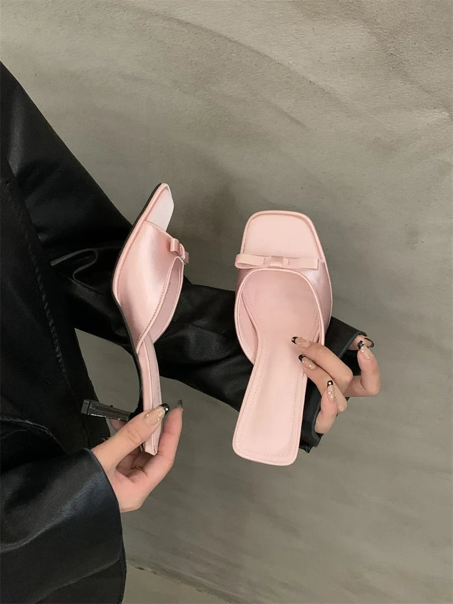 New Women's Slipper Mules Low High Heels Shoes Summer Best Street Look Females Square Head Open Toe Bow Strappy Sandals Zpaxo 40 Pink