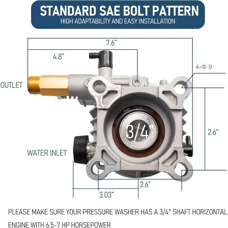 3400 PSI 2.5 GPM Pressure Washer Pump Replacement – 3/4" Shaft
