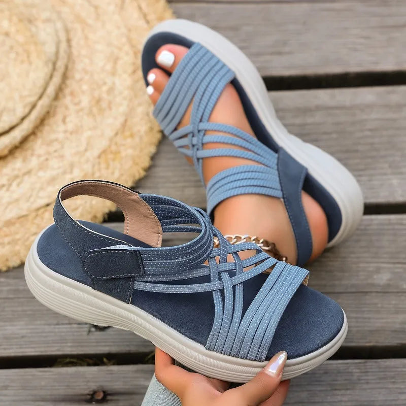 Women's Hollow Out Breathable Wedge Mid Heel Sandals Summer Women Zpaxo Blue 36