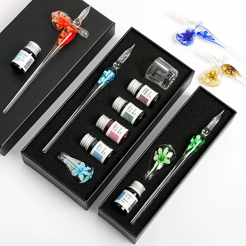 Flower Crystal Glass Dip Pen Set – Elegant Gift for Writers