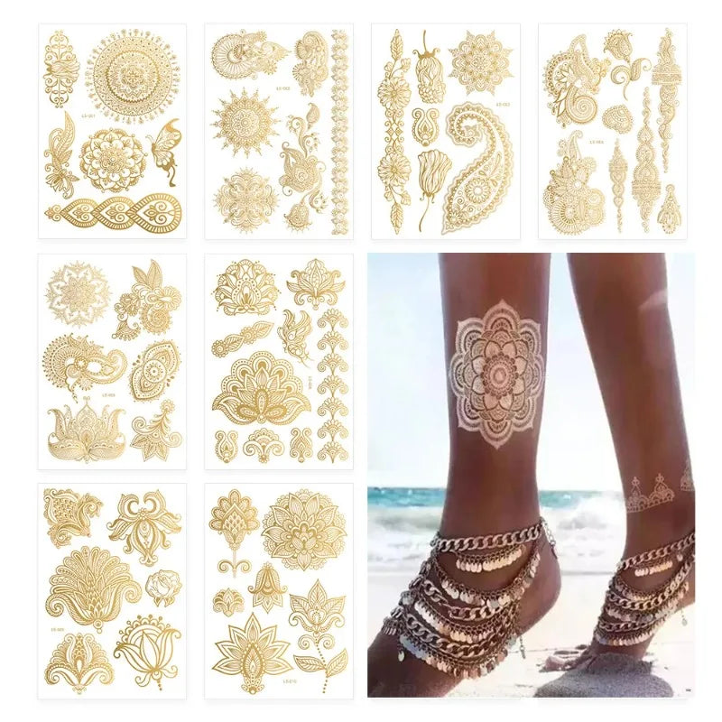 Waterproof Temporary Tattoo Sticker Flower Mandala Henna Rose Gold