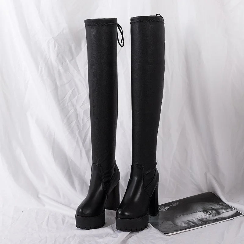 2026 Winter Sexy Knee Boots Tight Stovepipe Knight Suede Round Toe Zpaxo Black leather 35 China Mainland
