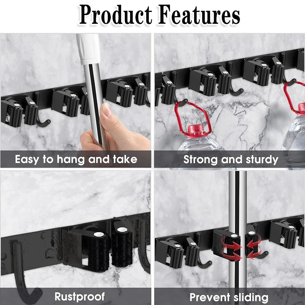 Stainless Steel Mop and Broom Holder Wall Mounted Multi-Functional Bathroom Kitchen Storage Rack Garage Garden Tools Organizer Zpaxo