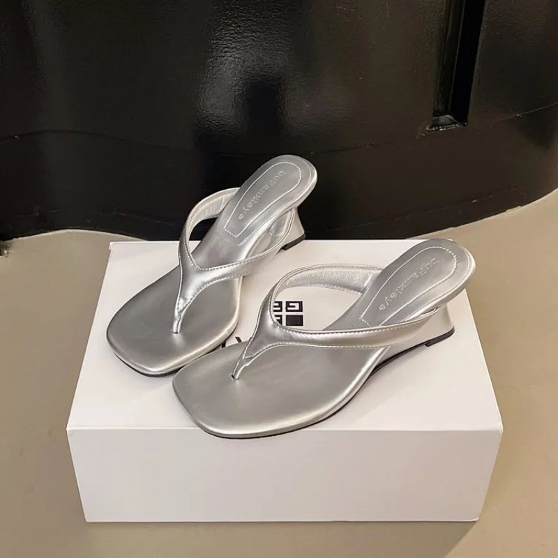 Fashion Round Toe Women Thin Heels Slippers Slides Female Flip Flops Sandals Spring Summer Ladies Heeled Slippers Shoes Pumps Zpaxo silvery 40