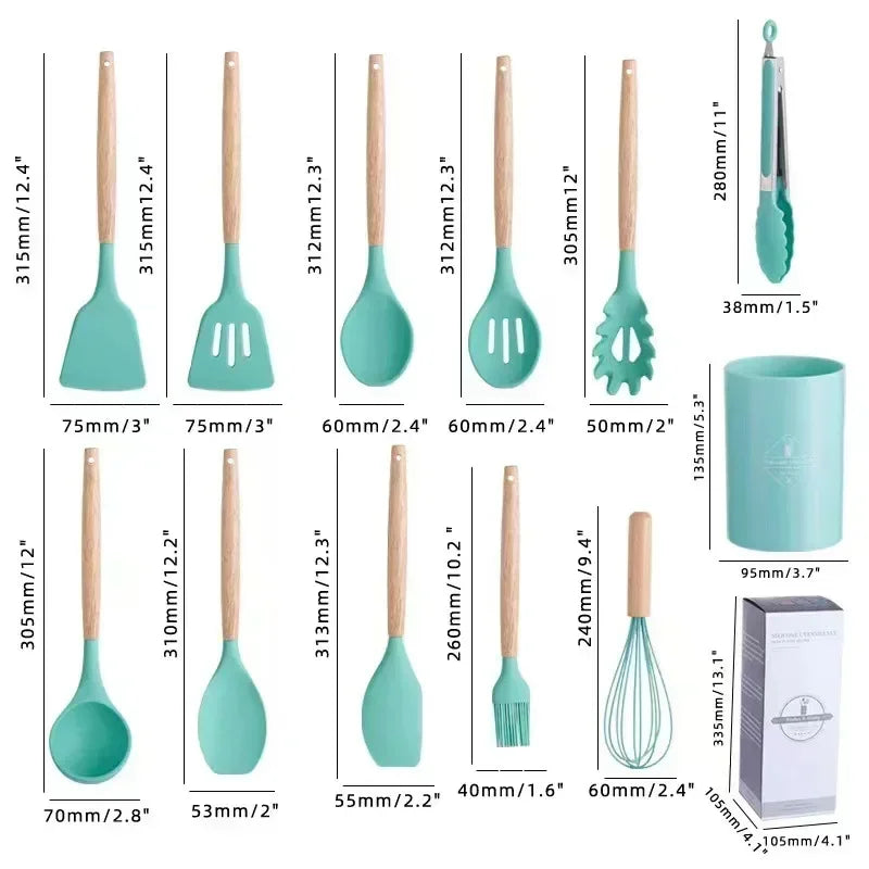 12-Piece Silicone Kitchen Utensils Set with Wooden Handles Cooking Utensil Set Zpaxo