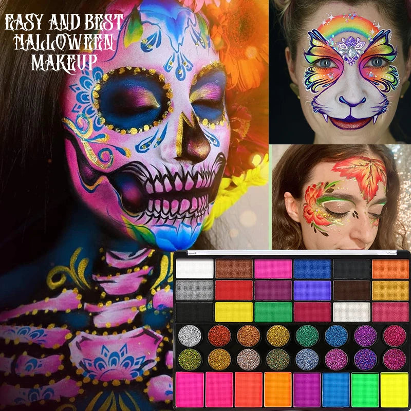 42-Colors Face Body Painting Palette Set,UV Glow Fluorescent Neon Face Body Art Paint Glitter Body Paint Makeup for Festival Zpaxo